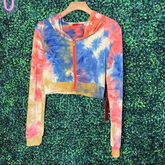 NWT Orange Tie Dye Cropped  Hoodie Sz M - Picture 1 of 7